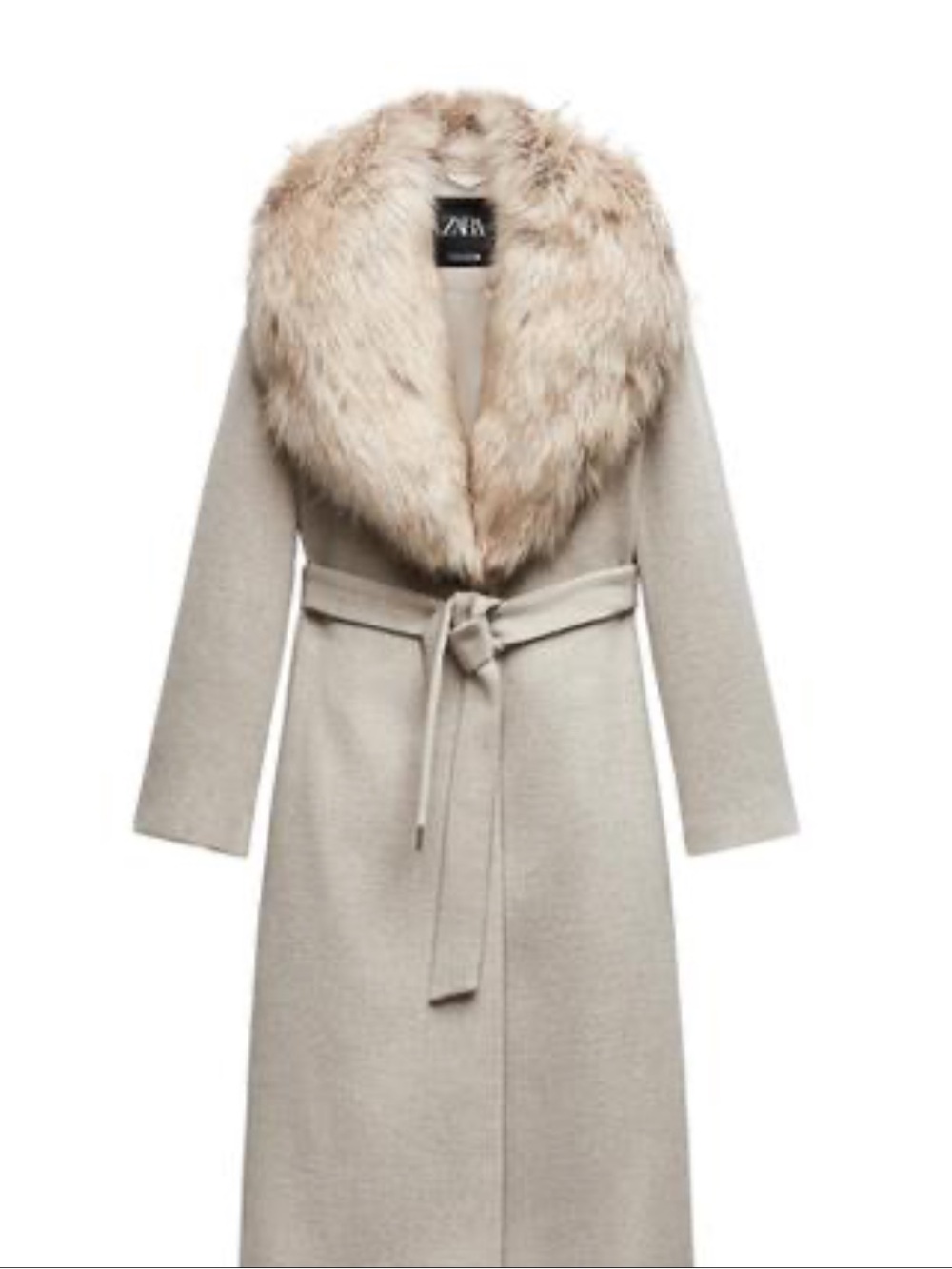 Zara Cream Long Wool-Blend Pea Coat with Faux Fur Collar